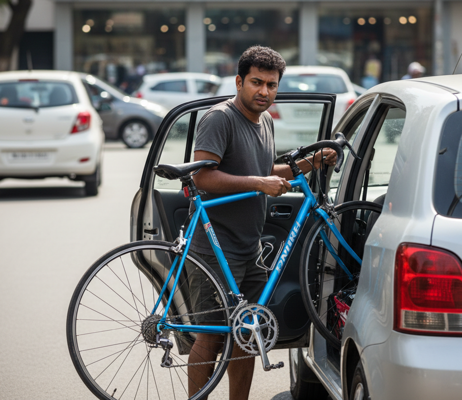 Frustrated cyclist struggling to load a blue bicycle into a small car for transport to a local bike shop in Bangalore