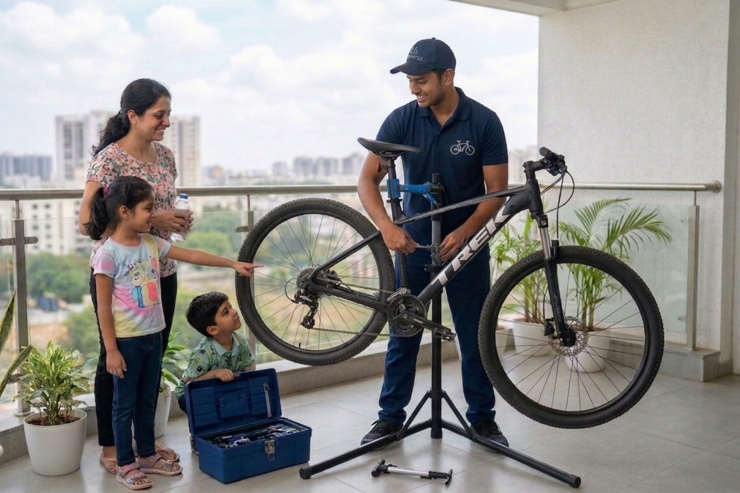 Professional bicycle mechanic from FixMyCycle performing factory-standard tune-up on a bicycle at a client's home balcony in Hyderabad.