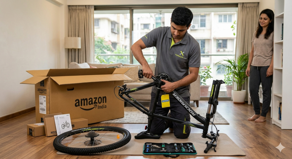 rofessional FixMyCycle technician assembling a new Rockrider mountain bike from an Amazon India box at a customer's home in Mumbai.