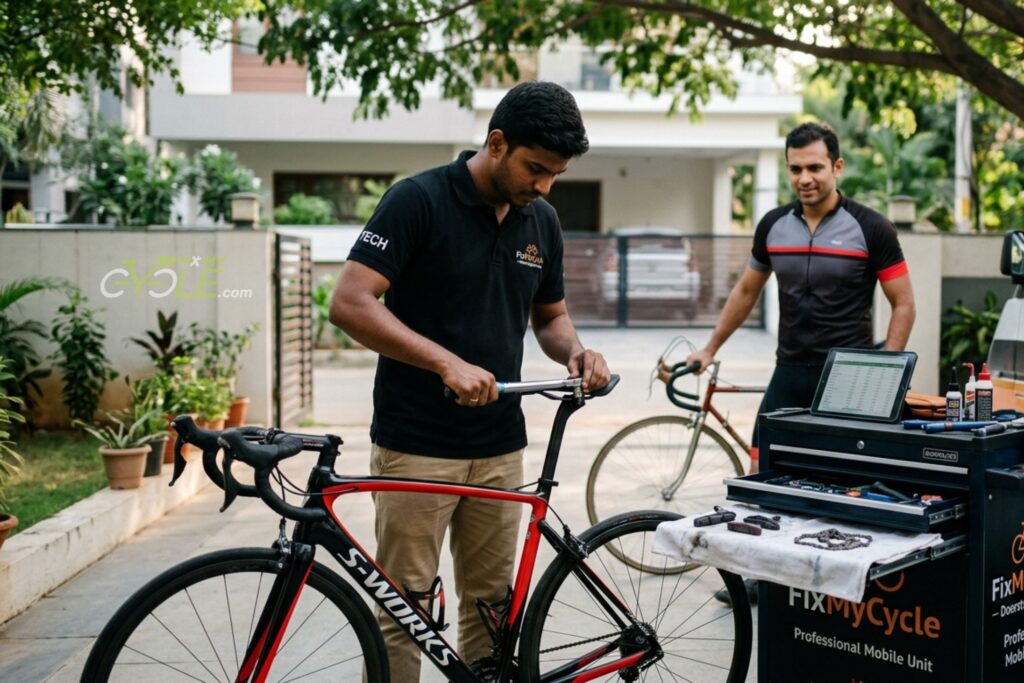 A FixMyCycle technician performing a precision torque calibration on a high-performance road bicycle during a doorstep service appointment in Hyderabad.